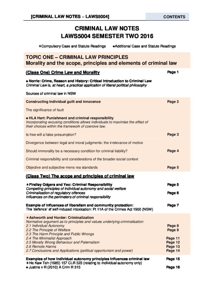 Criminal Law (LAWS5004/LAWS1016) notes and case guide