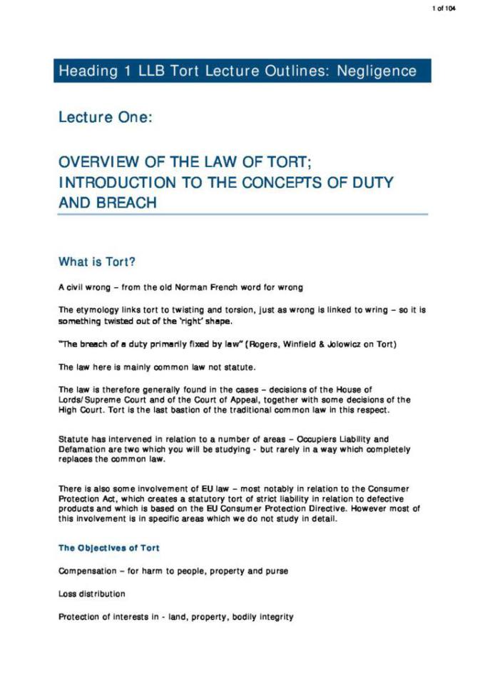 Study Materials for Law of Torts (TortsLaw) at Nottingham Trent