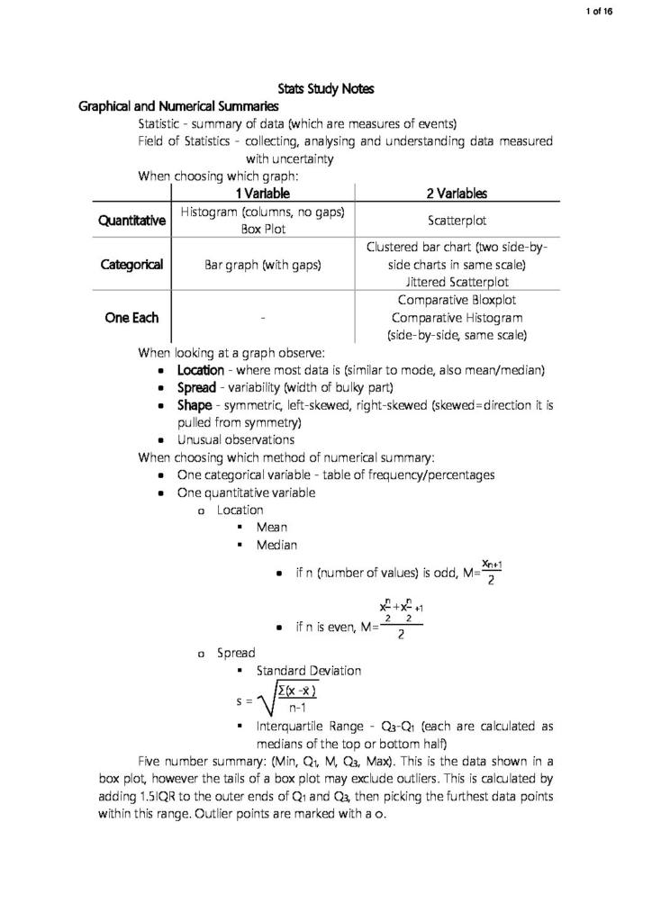 Statistics for Life and Social Science (MATH1041) final exam notes