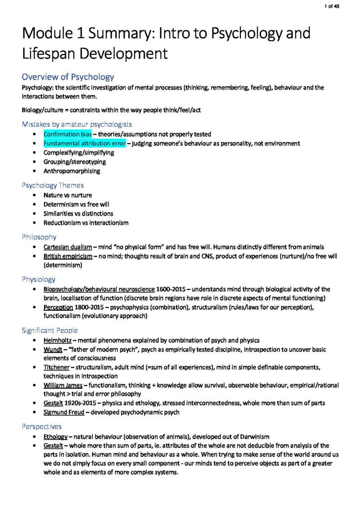 Psychology Introduction 1 (PSYC1010) full summary notes