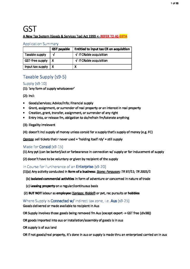 Taxation Law I (BLAW30002) exam notes