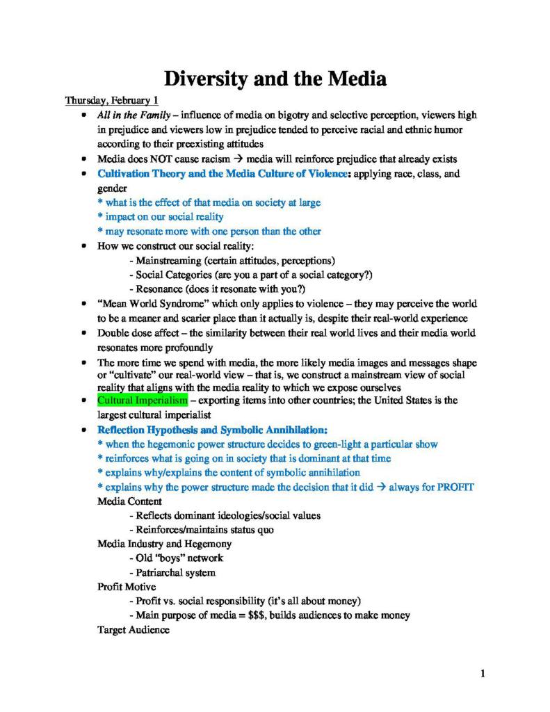 Diversity and the Media (JOUR 372) summary notes