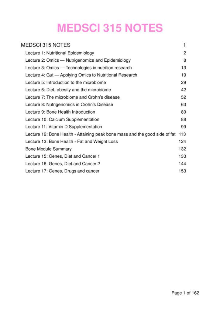 Nutrition, Diet and Gene Interactions (MEDSCI 315) complete lecture notes