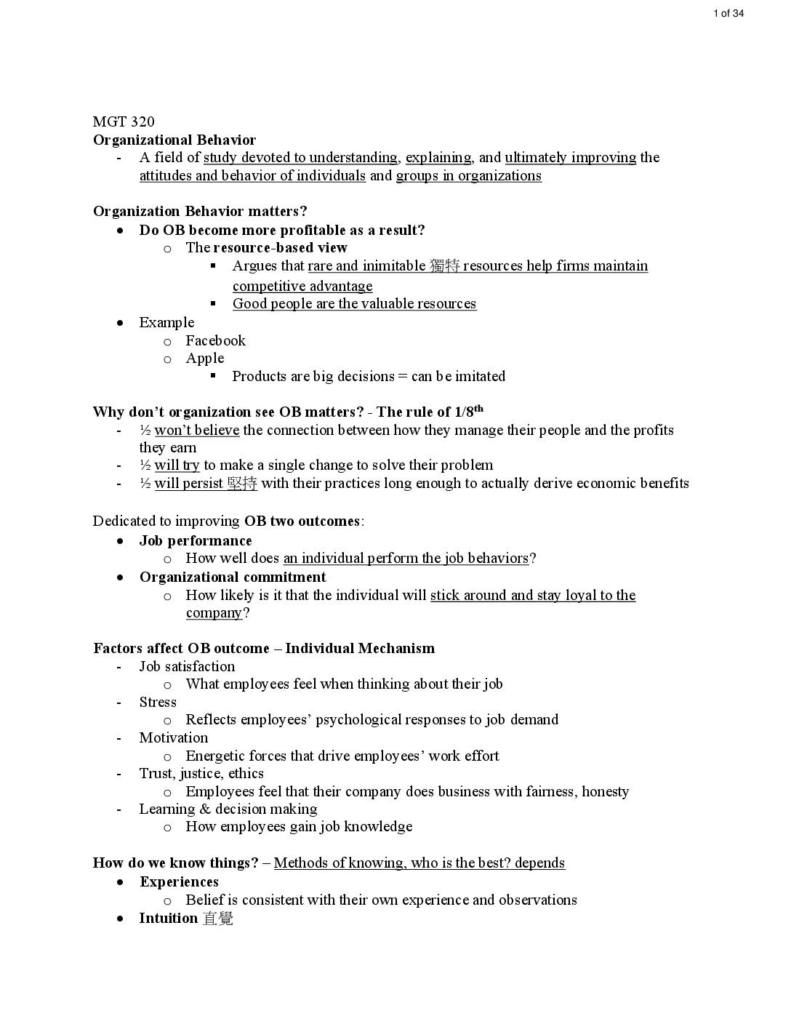 Organizational Behavior (MGT 320) notes