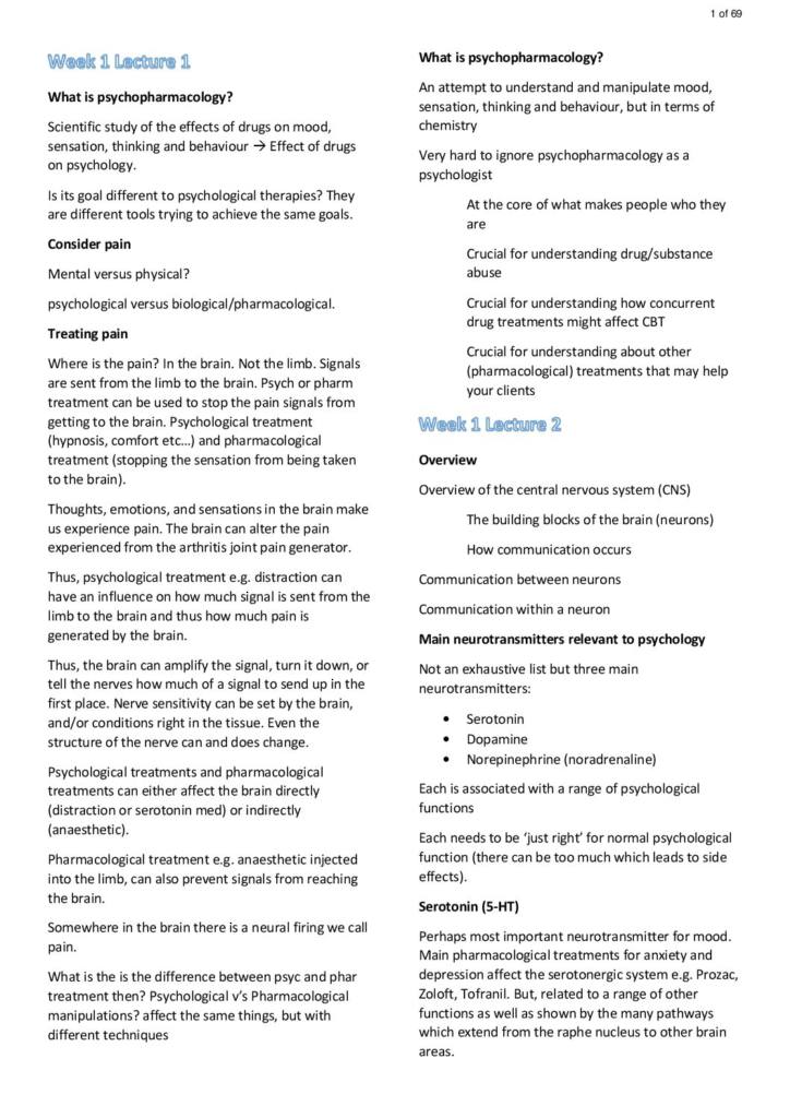 Psychopharmacology (PSYC359) lecture notes