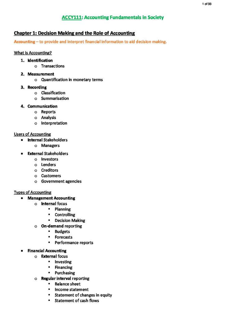 Accounting Fundamentals In Society (ACCY111) tute notes