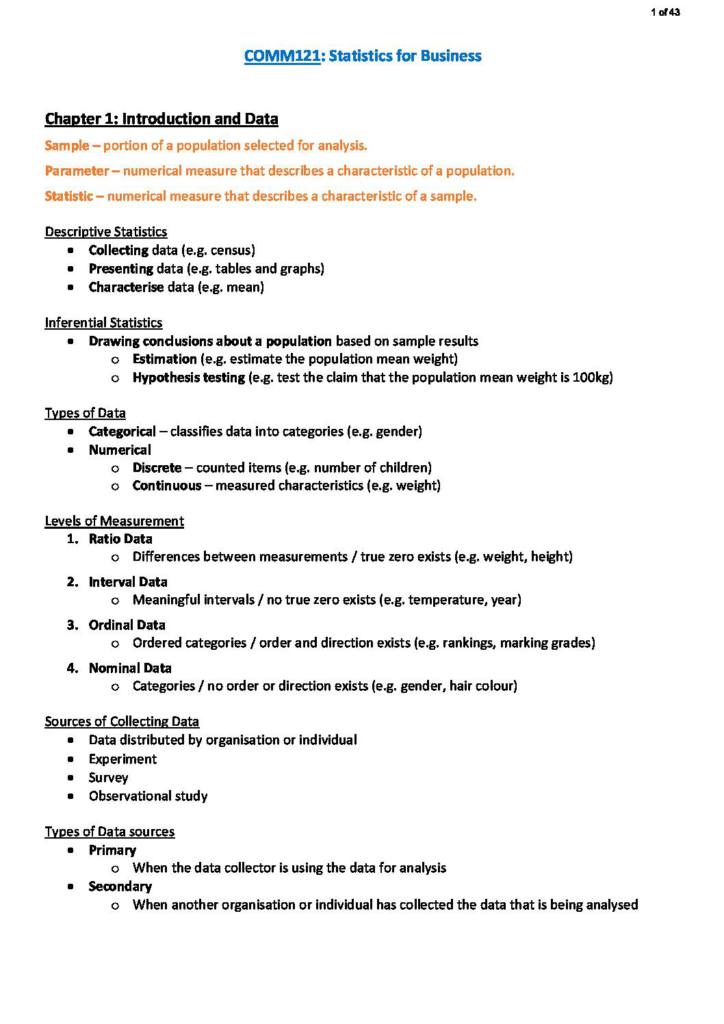 Statistics for Business (COMM121) tute notes