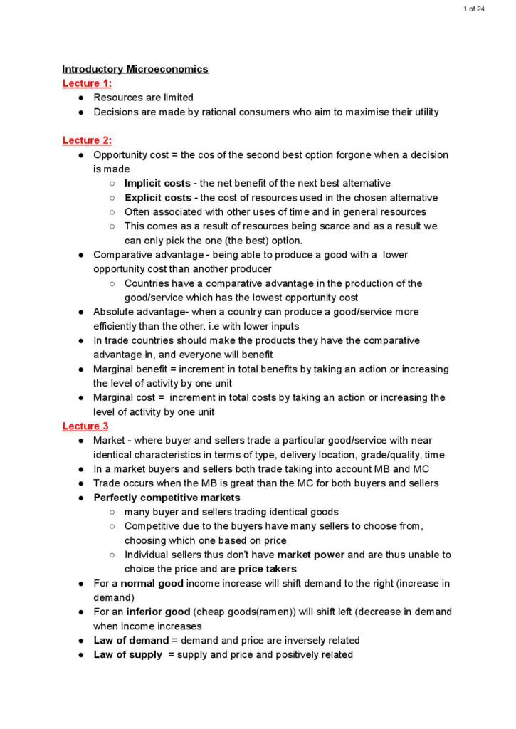 Introductory Microeconomics (ECON10004) revision notes
