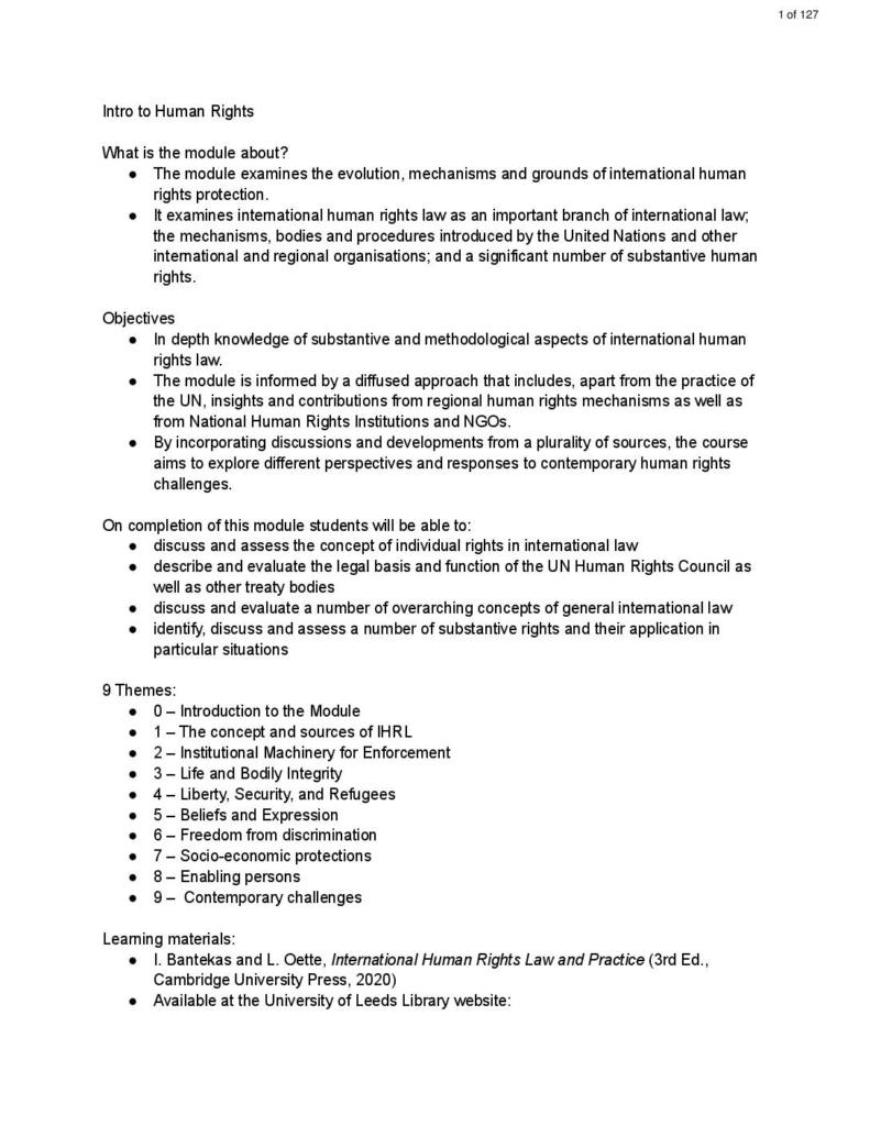 International Human Rights Law (LAW2142) lecture & seminar notes