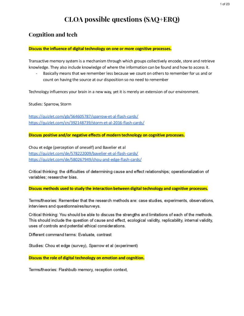 Cognitive Level of Analysis (CLOA) ERQ (Psychology HL) model exam Q and A