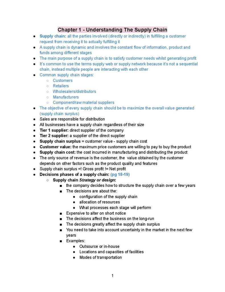 Supply Chain Management (OPMG 4301) notes
