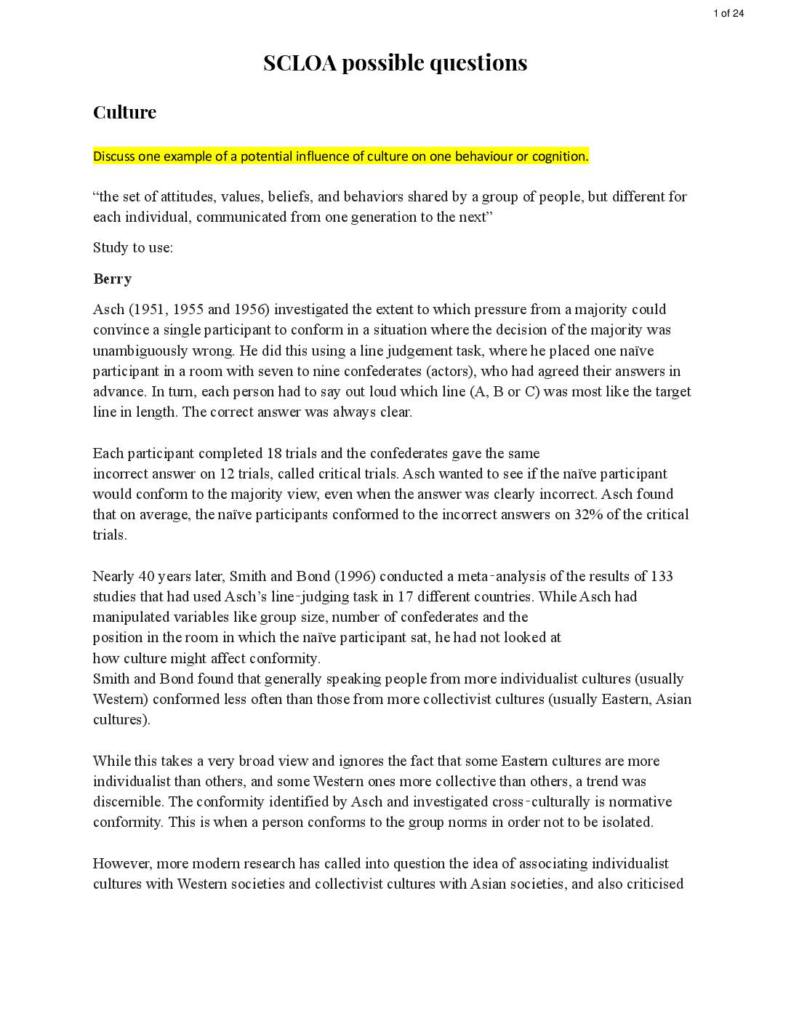Socio-Cultural Level of Analysis (SCLOA) SAQ (Psychology HL) model exam Q and A