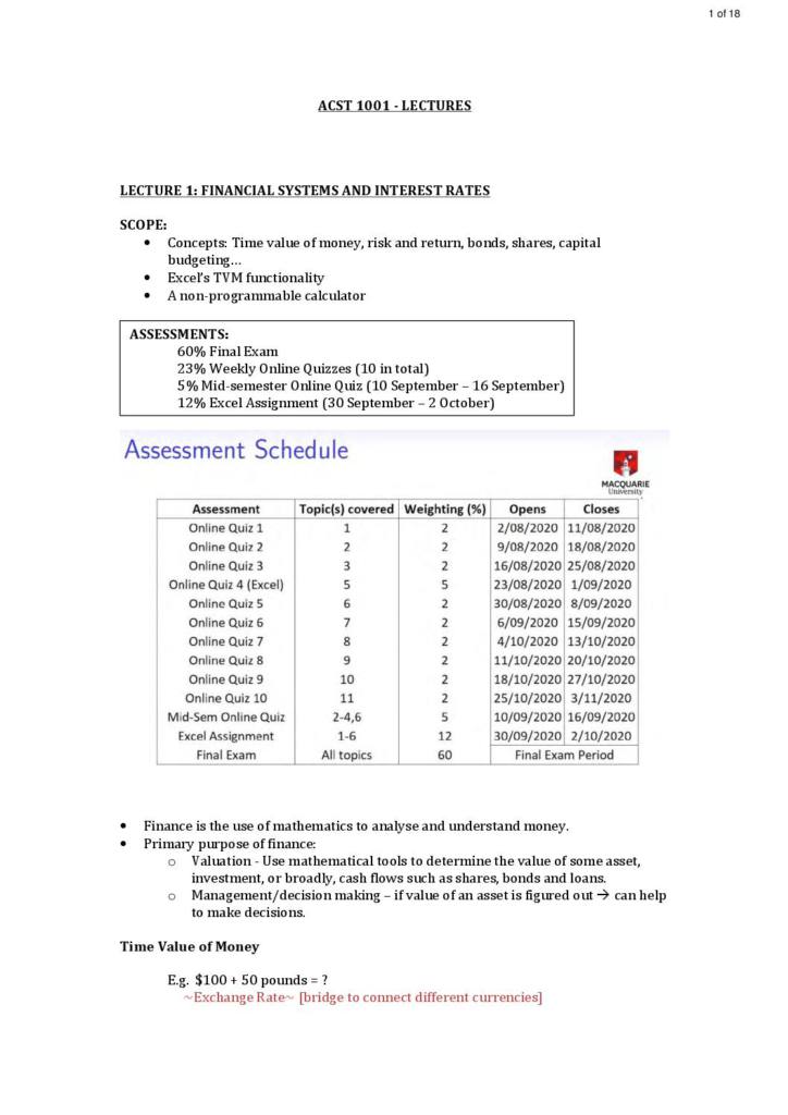 Finance 1A (ACST1001) HD lecture summaries
