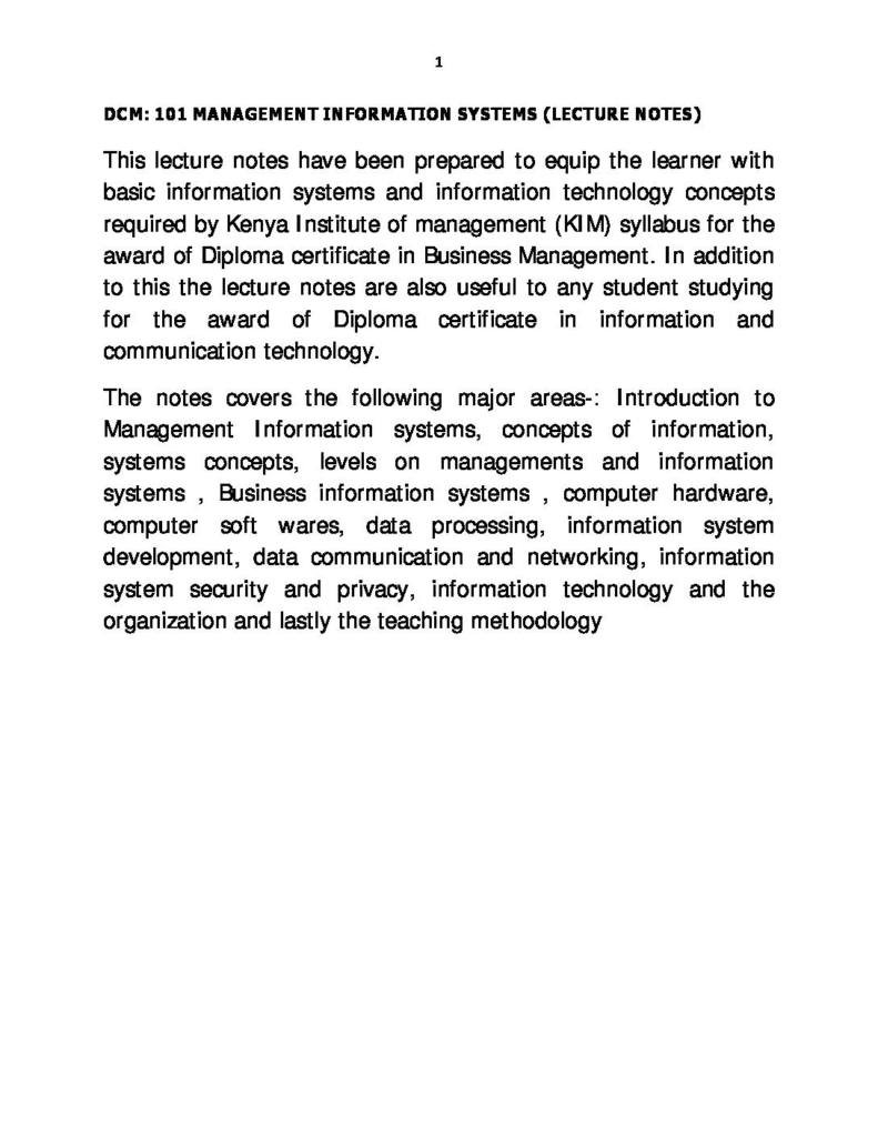 Management Information Systems (DCM 101) lecture notes
