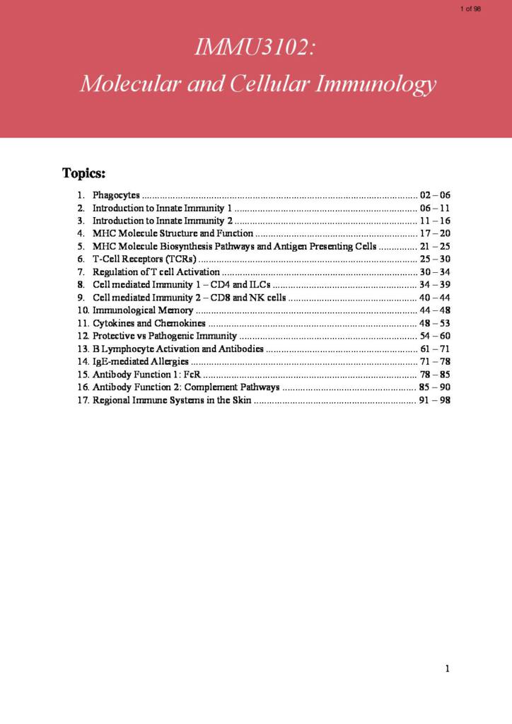 Molecular and Cellular Immunology (IMMU3102) full lecture notes