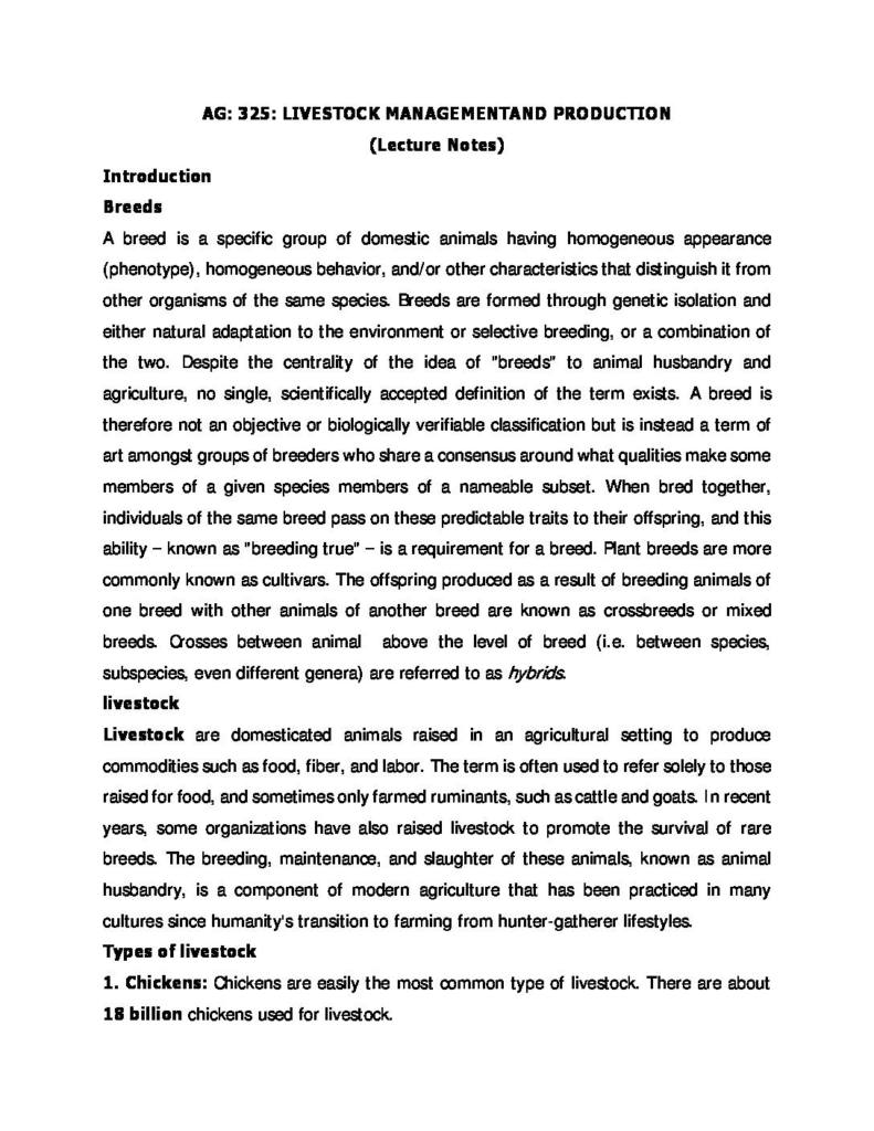 Livestock Management and Production (AG 325) notes