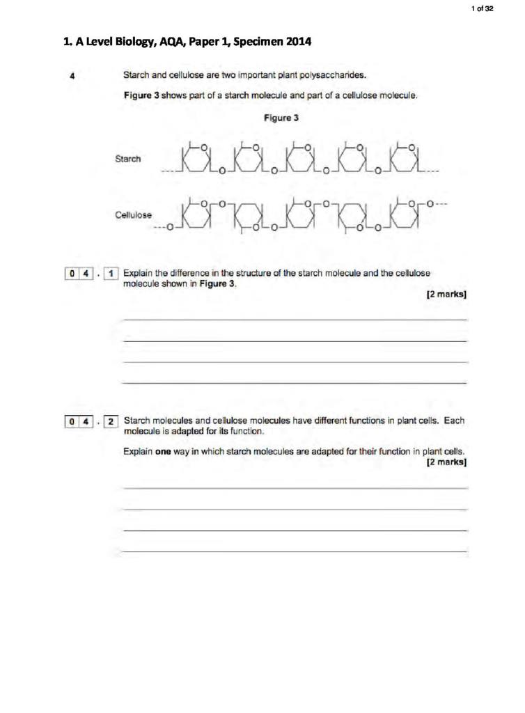 AQA A Level Biology Carbohydrate past exam questions and mark scheme