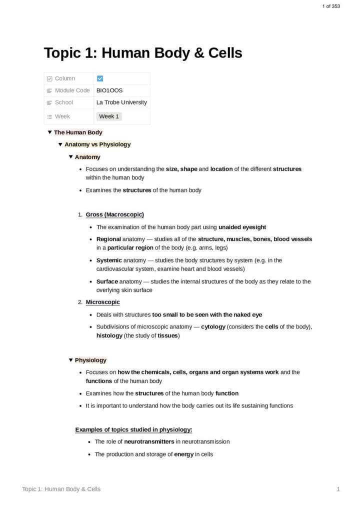 Organs and Organ Systems (BIO1OOS) notes