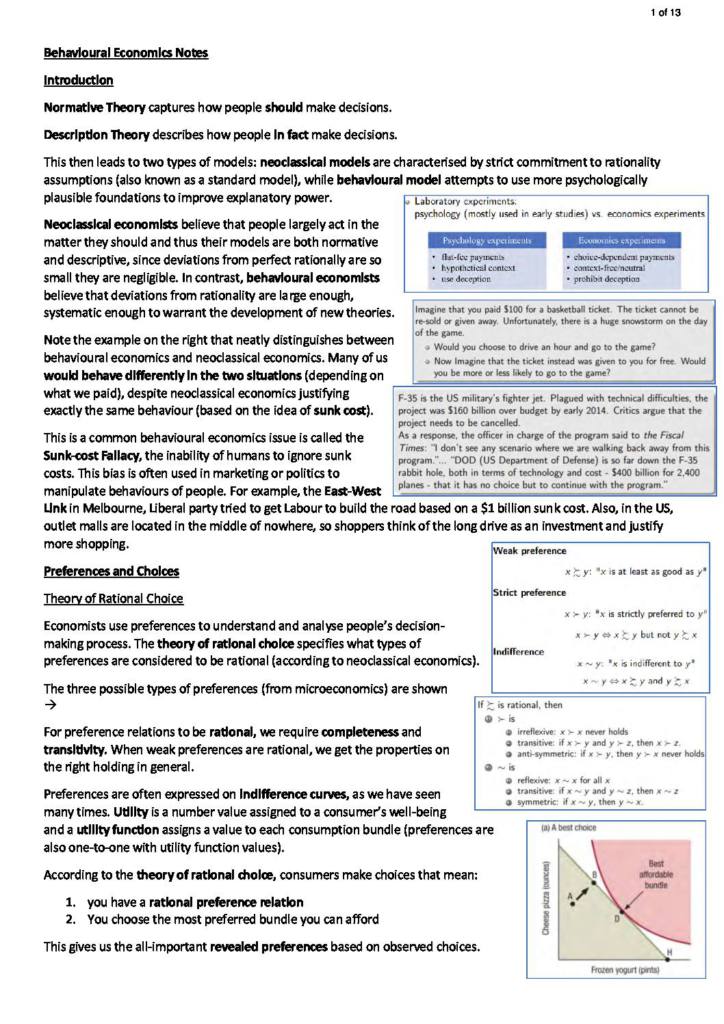 Behavioural Economics (ECON30019) summary notes