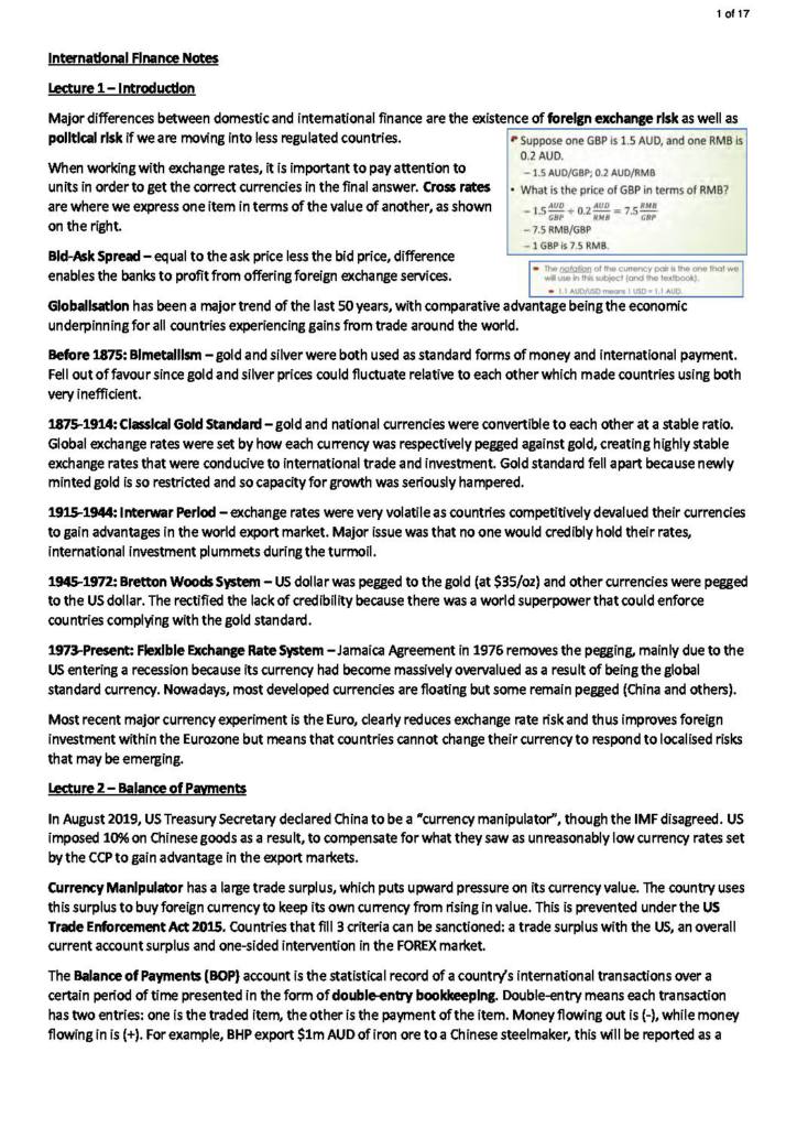 International Finance (FNCE30003) summary notes