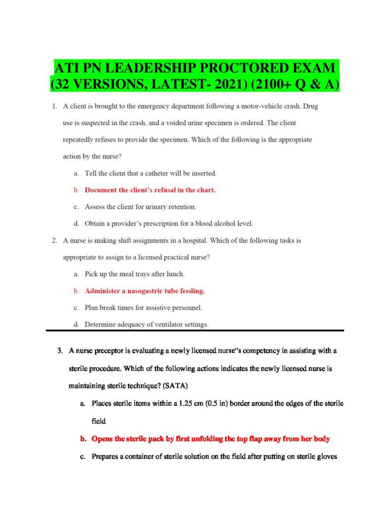 ATI PN Leadership Proctored Exam (2021 Edition, 32 Versions) – 2100+ Verified Q&A