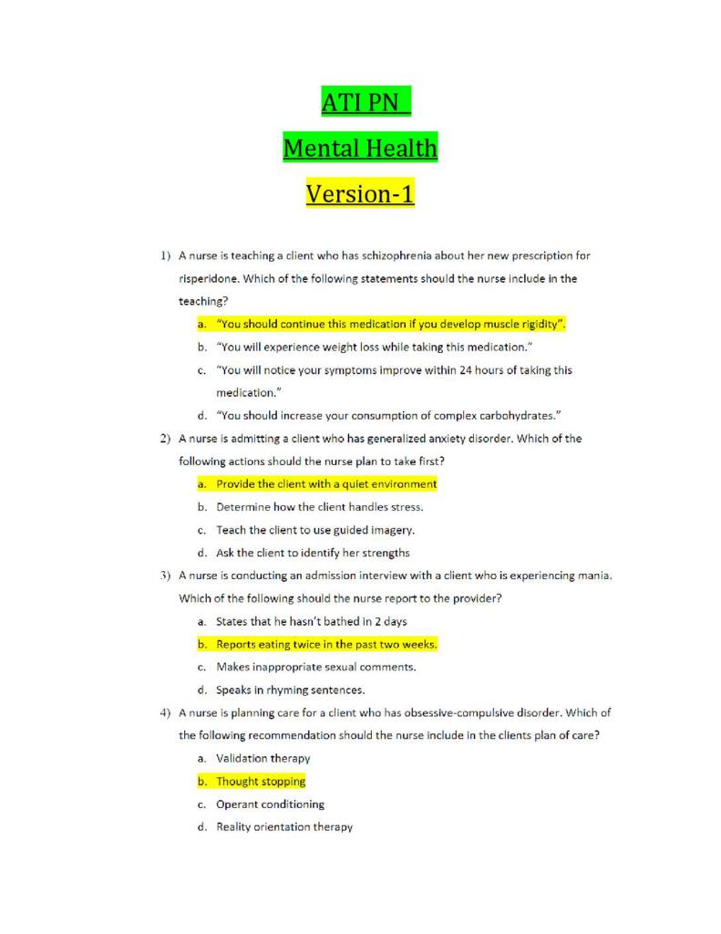 ATI Mental Health Proctored Exam (32 version) 2021 latest Q&A