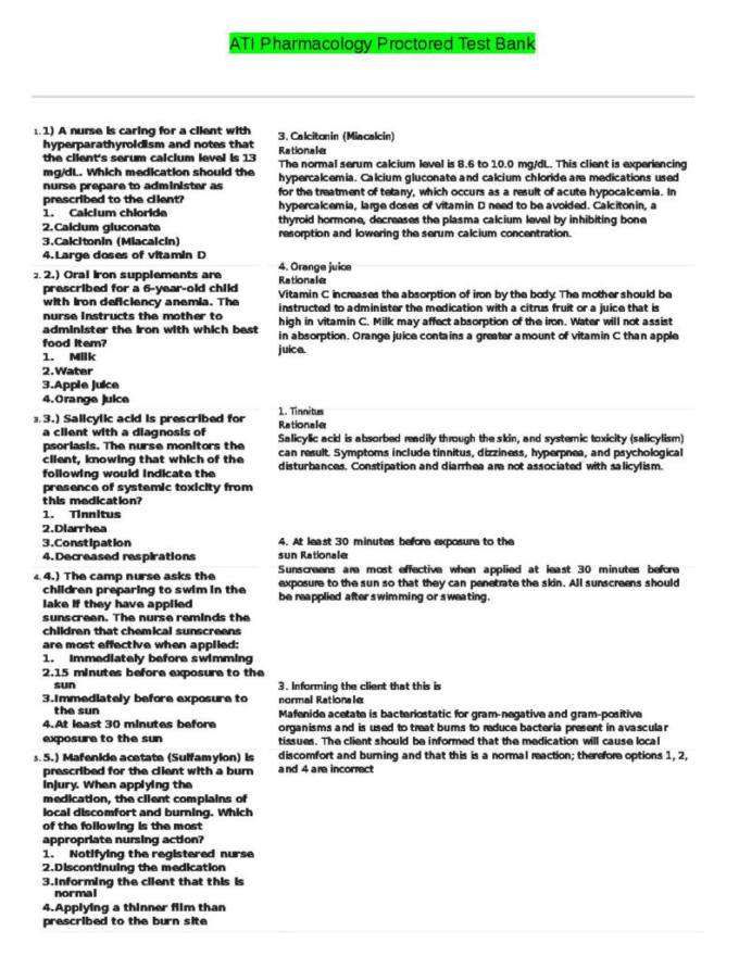 Ati pharmacology proctored test bank full rationale for answers grade