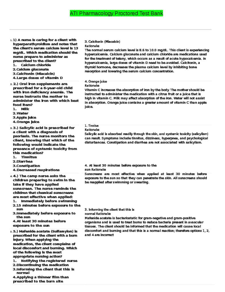 Ati pharmacology proctored test bank full rationale for answers grade