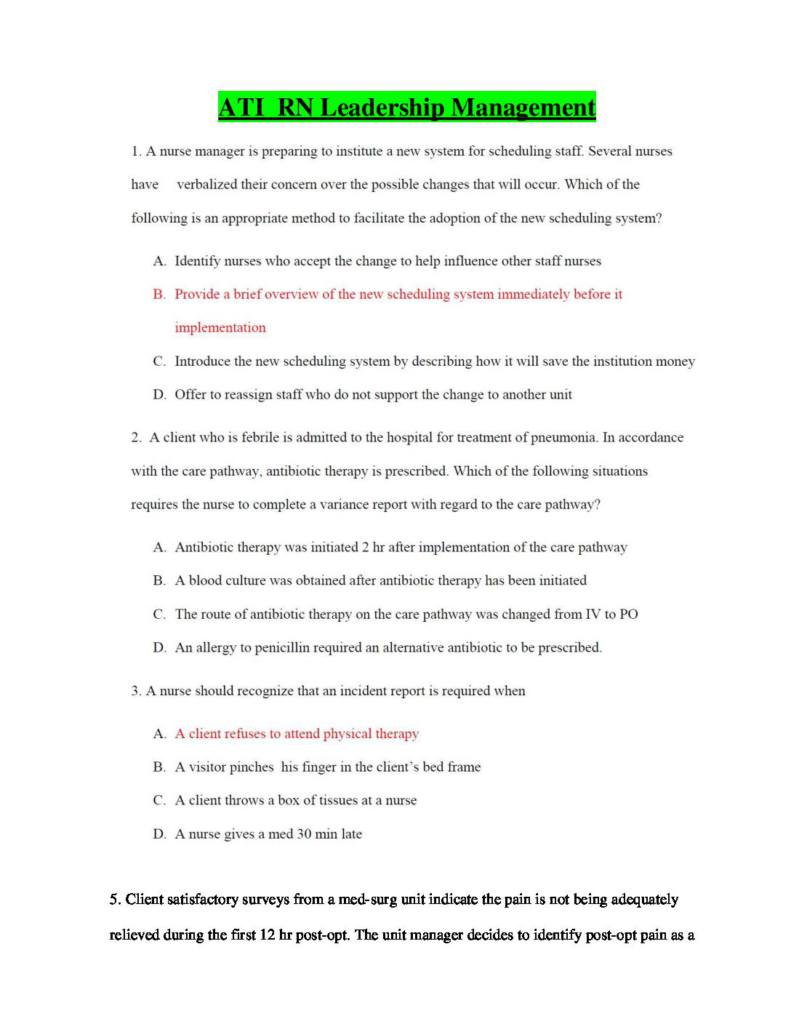 ATI RN Leadership Management Proctored Exam (30 Versions) 2100+ Q&A Test Bank