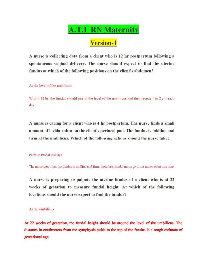 ATI RN Maternity Proctored Exam 34 Versions and 2600+ questions & answers