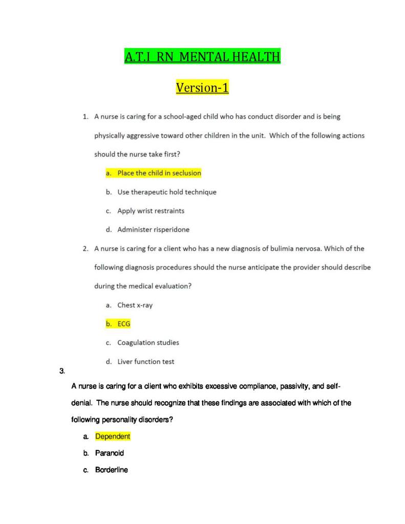ATI RN Mental Health Proctored Exam (32 Versions) with 2500+ questions and answers