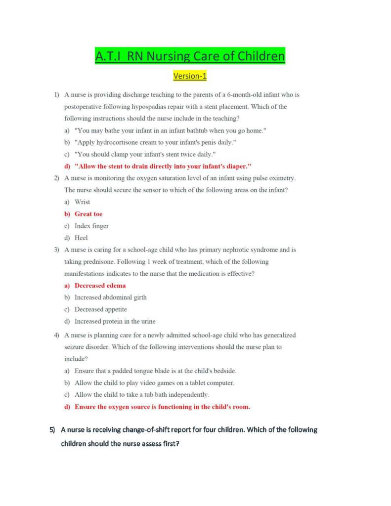 ATI RN Nursing Care of Children Proctored Exam (2021 Ed, 26 Versions) testbank