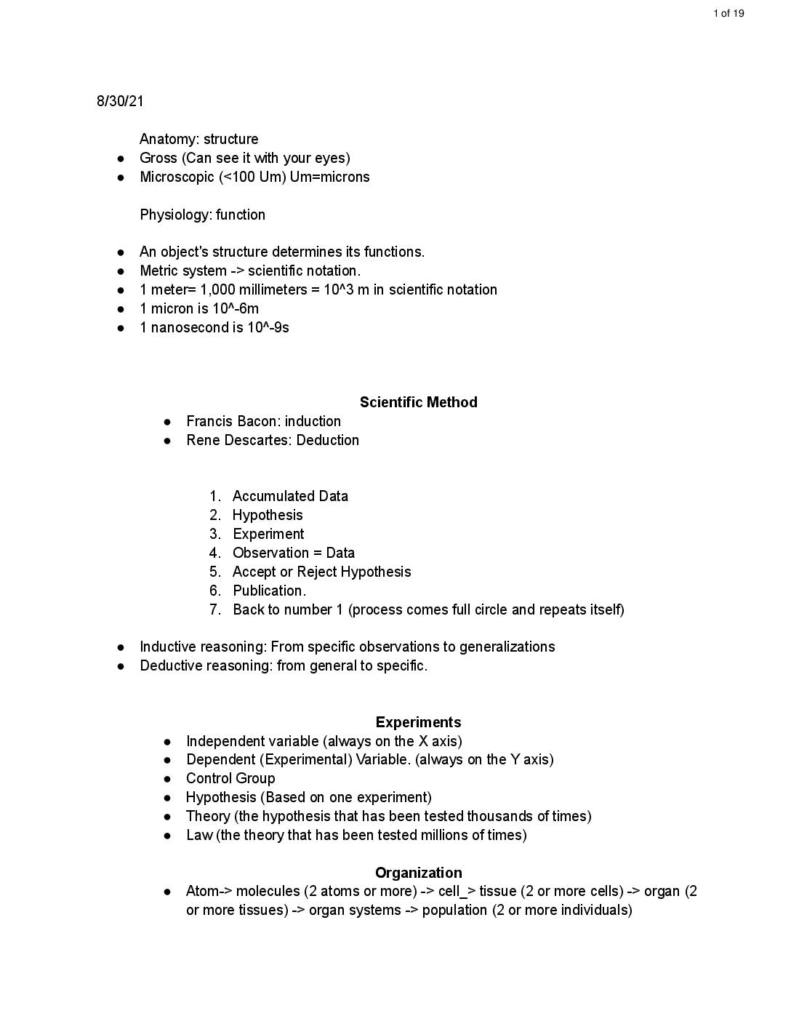 Anatomy and Physiology I (BSCI 21010) summary notes