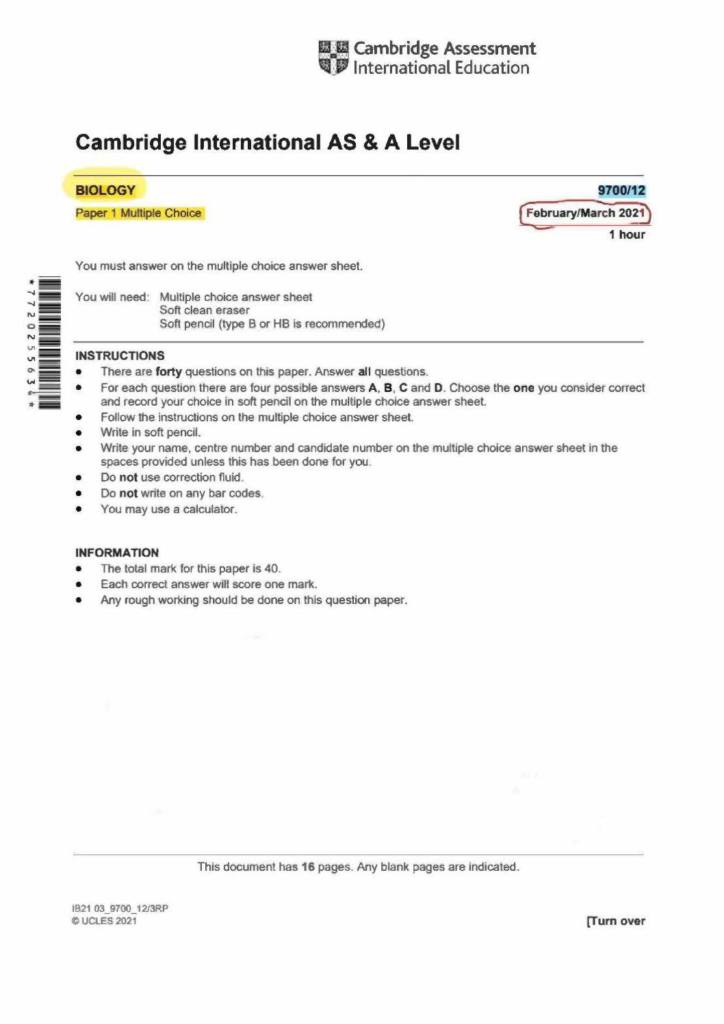 CI A Level Biology (9700) March 2021 solved paper 1