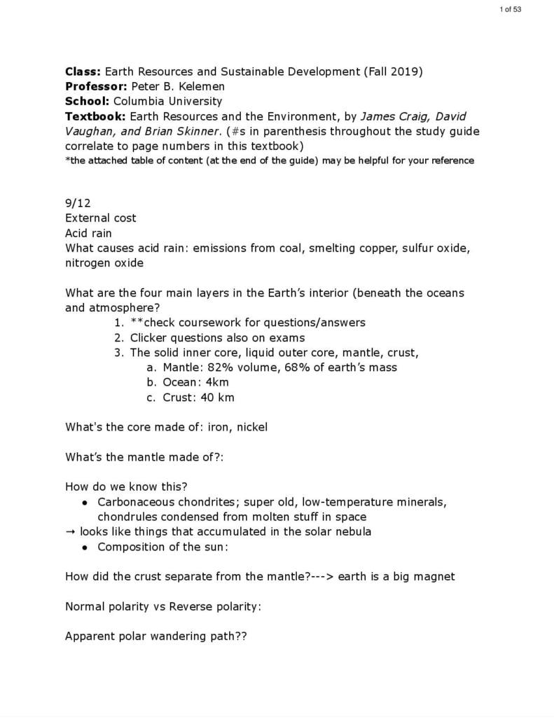 Earth Resources and Sustainable Development (UN1600) semester notes
