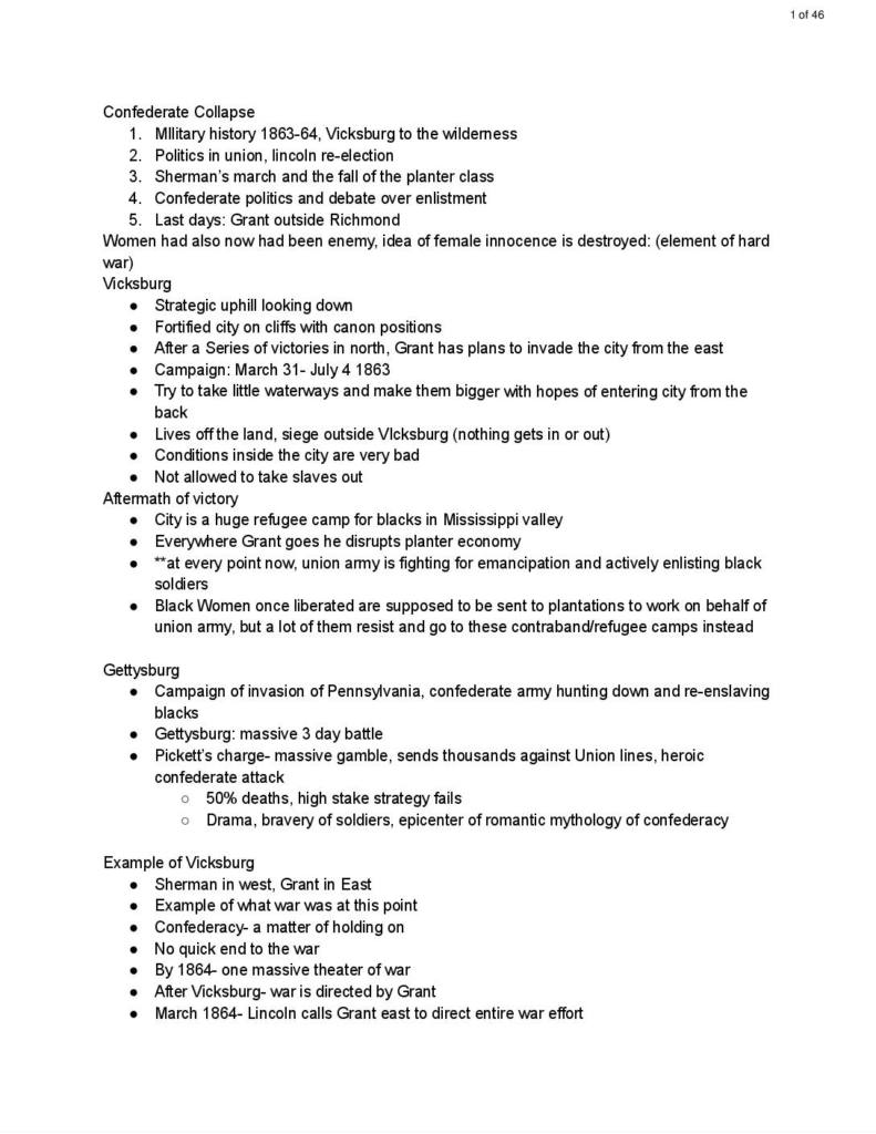 U.S. Era of Civil War & Recon (UN2432) final exam notes