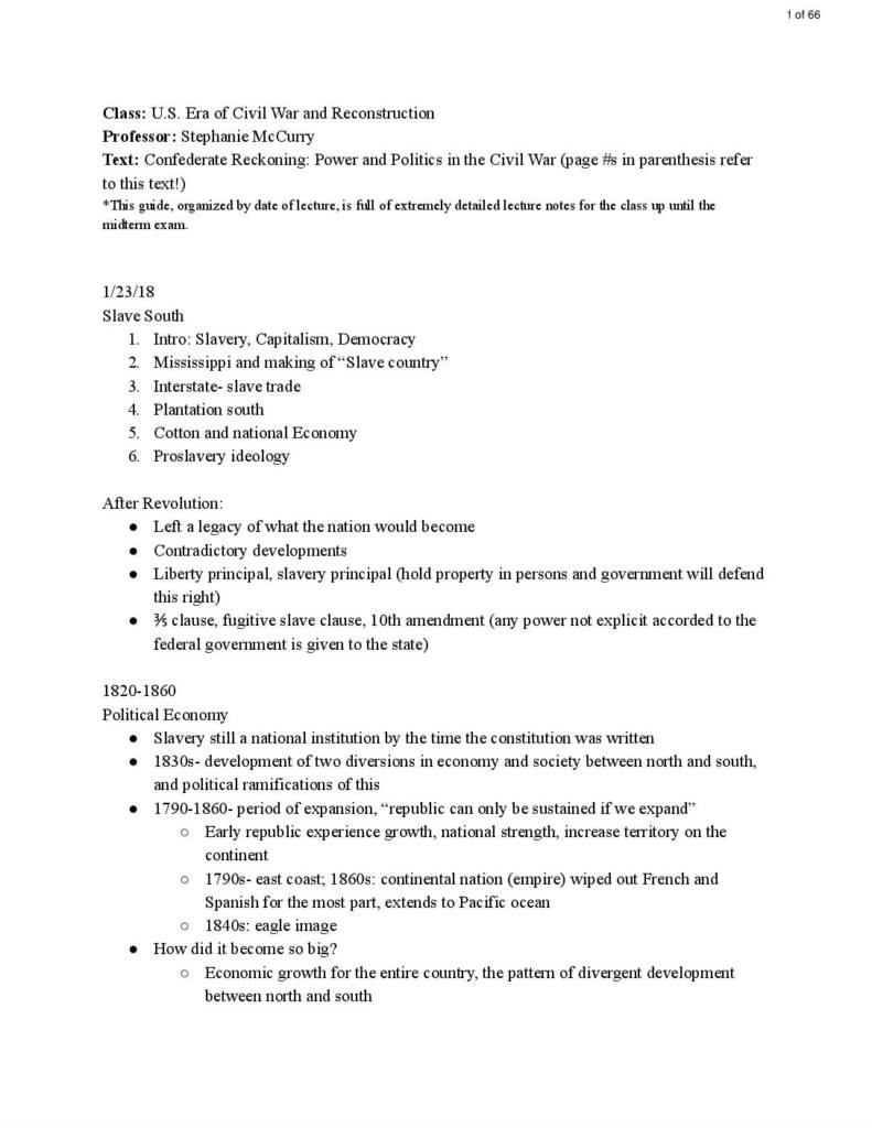 U.S. Era of Civil War & Recon (UN2432) midterm notes