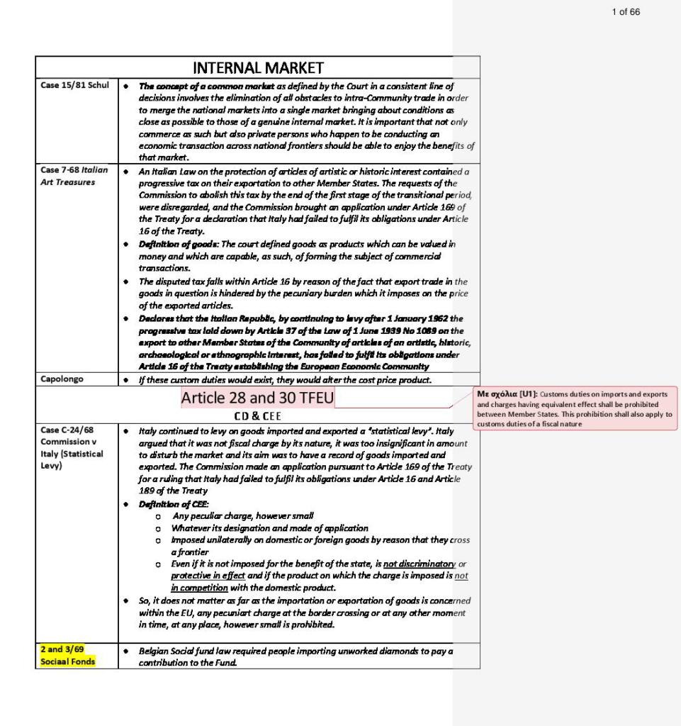 EU Internal Market Case Law notes