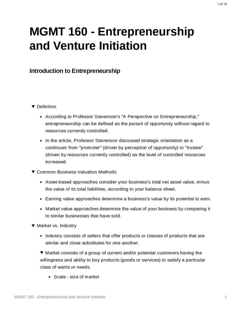 Entrepreneurship and Venture Initiation (MGMT 160) final review