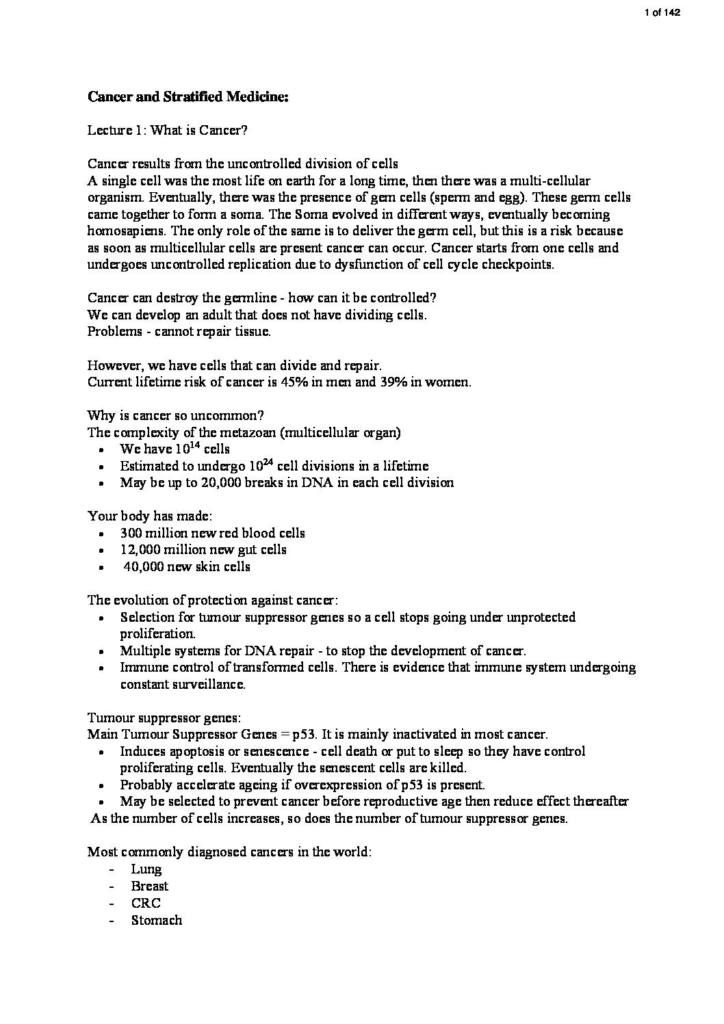 Cancer and Stratified Medicine (B900) lecture notes
