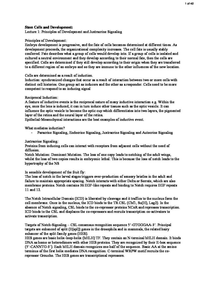 Stem Cells and Development (B900) lecture notes
