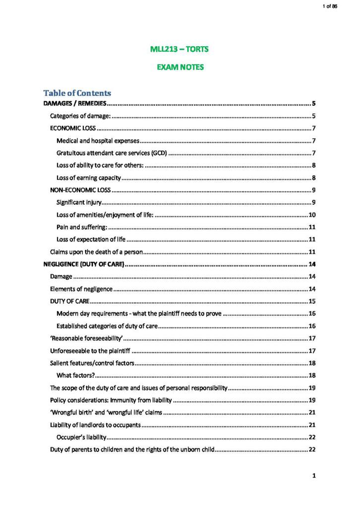 Torts (MLL213) exam notes
