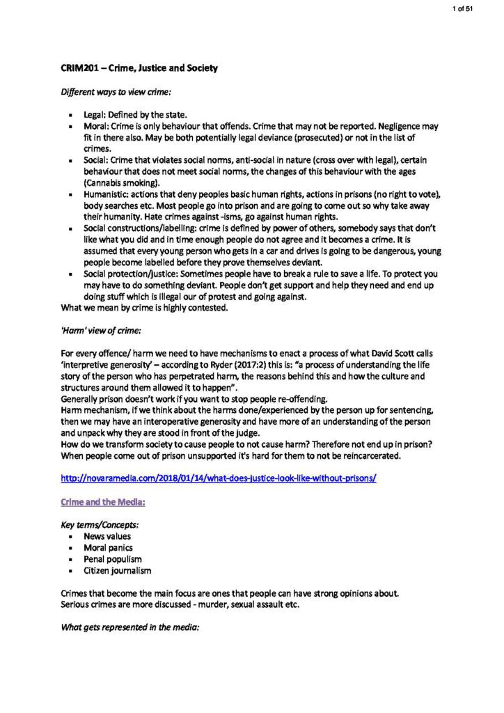 Crime, Justice and Society (CRIM201) lecture notes