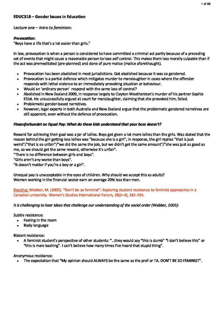 Gender Issues in Education (EDUC318) lecture notes