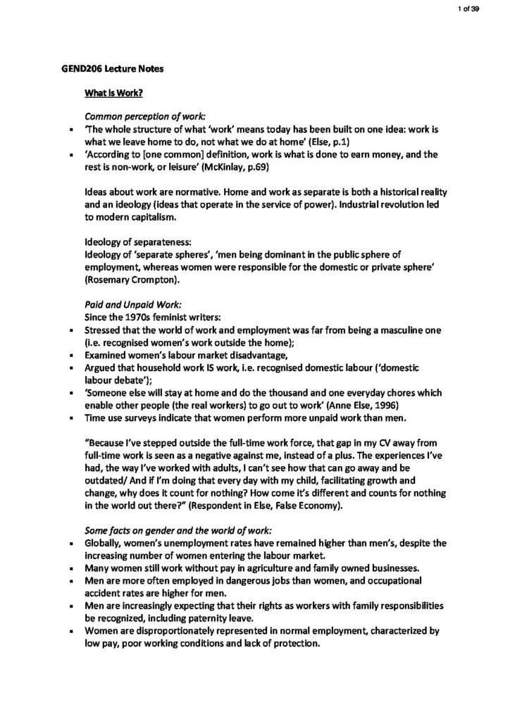 Gender, Work and Consumer Culture (GEND206) lecture notes
