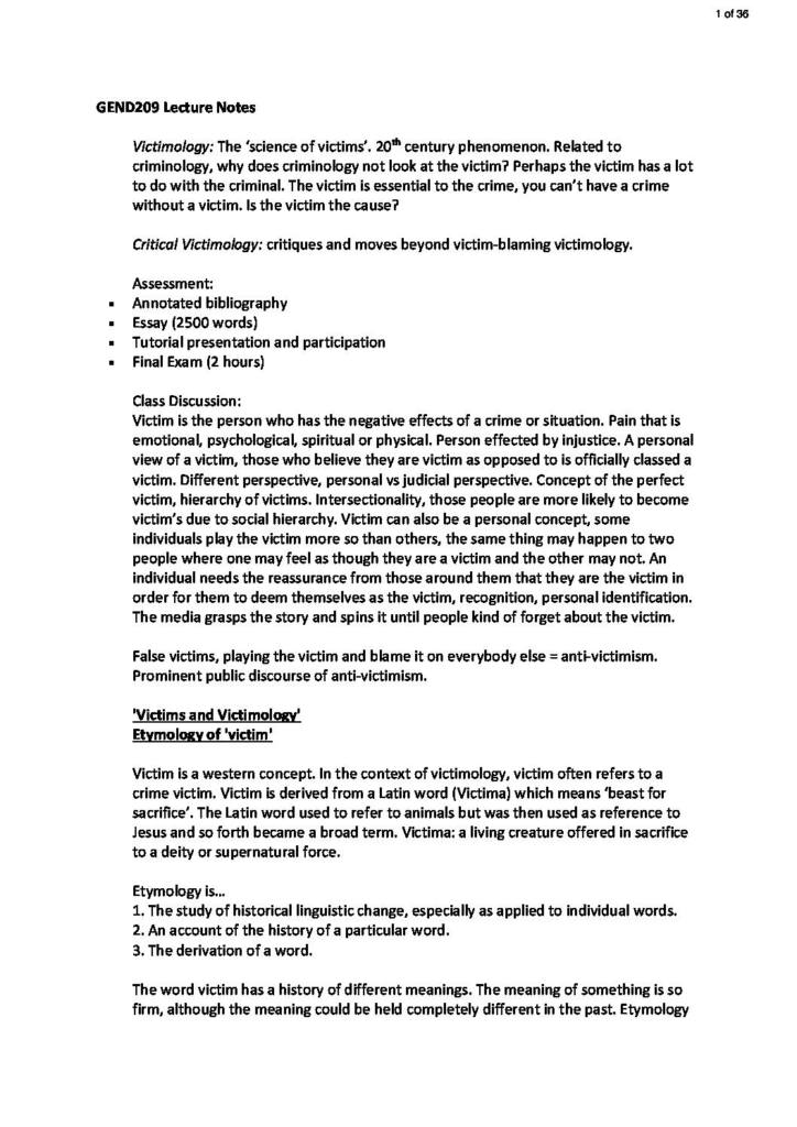 Critical Victimology (GEND209) lecture notes
