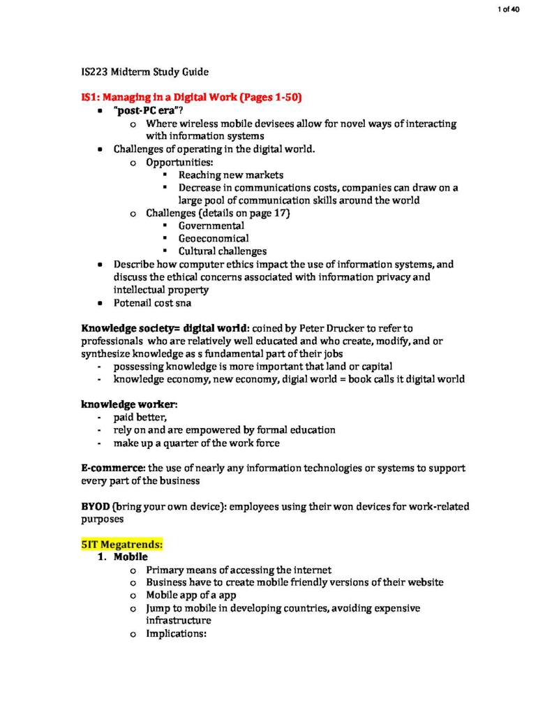 Introduction to Information Systems (QST IS 223) midterm exam notes