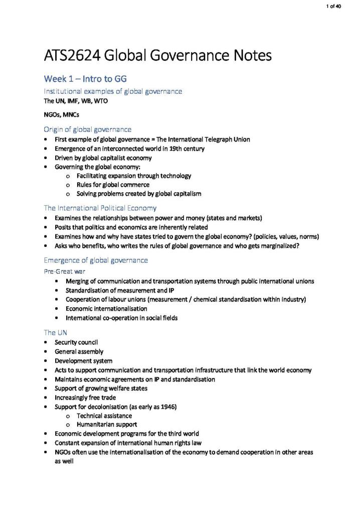 Global Governance (ATS2624) complete HD notes