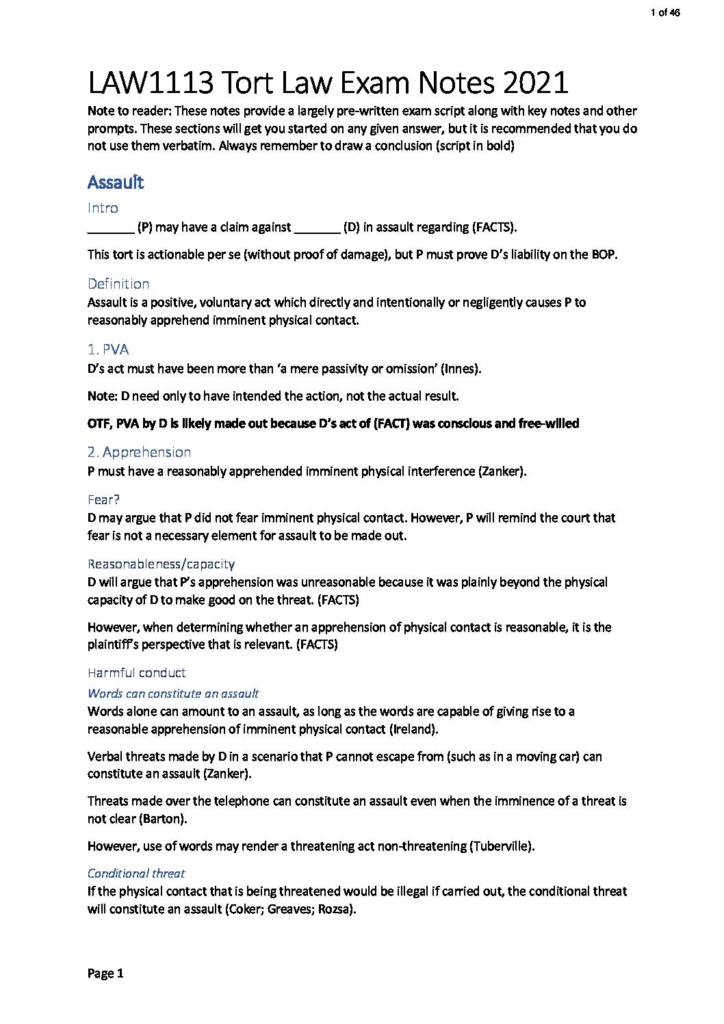 Monash Torts (LAW1113) HD exam notes with scripts