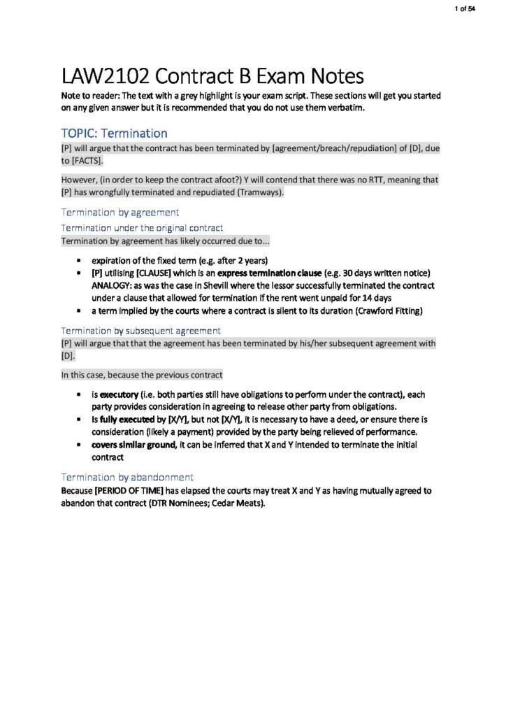 Contract B (LAW2102) HD exam notes with scripts